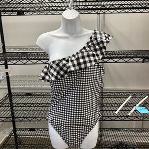 J. Crew Black and White Gingham One-Shoulder Swimsuit